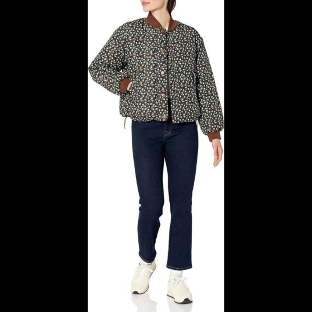 Amazon Womens Bomber Jacket, Padded, Cropped, Deep Brown, Graphic Floral Size M